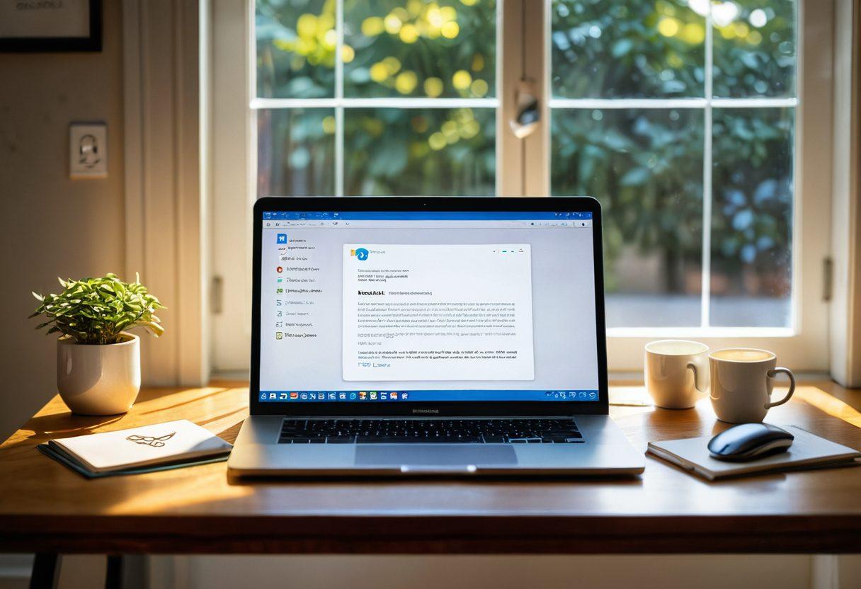A serene home office with a sleek modern desk, showing a laptop with an email authentication interface open. Floating icons of secure email locks and checkmarks surround the screen, symbolizing protection and organization. Bright sunlight streams through a window, casting cheerful shadows, and a cup of coffee with a book on the side adds a cozy vibe. super-realistic. vibrant colors. soft focus.