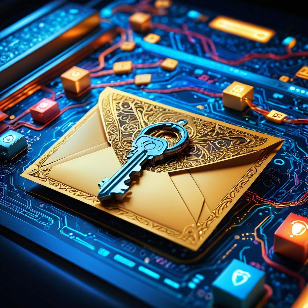 A close-up of an intricate key unlocking an ornate email envelope, surrounded by bright, glowing symbols of trust and security like shields and checkmarks. The background features a digital landscape with flowing circuits representing connectivity and communication. Emphasize vibrant colors and intricate details to capture the essence of email legitimacy. super-realistic. vibrant colors. 3D.